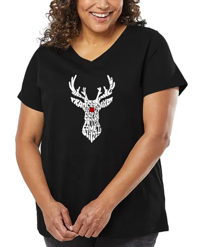 LA POP ART PLUS SIZE SANTA'S REINDEER WORD ART V-NECK T-SHIRT