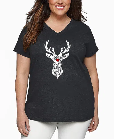 La Pop Art Plus Size Santa's Reindeer Word Art V-neck T-shirt In Gray