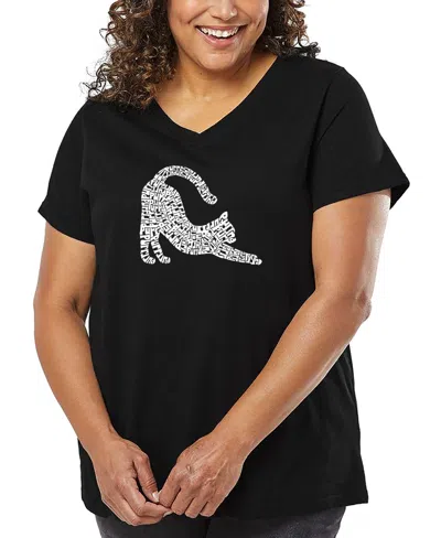 La Pop Art Plus Size Stretching Cat Word Art V-neck T-shirt In Black