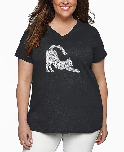 La Pop Art Plus Size Stretching Cat Word Art V-neck T-shirt In Gray