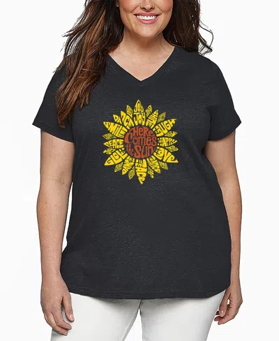 La Pop Art Plus Size Sunflower Word Art V-neck T-shirt In Gray