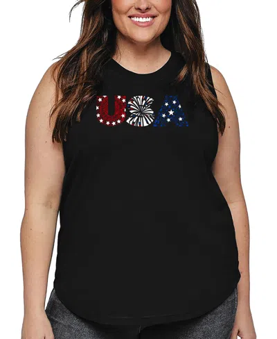 La Pop Art Plus Size Usa Fireworks Word Art Tank Top In Black