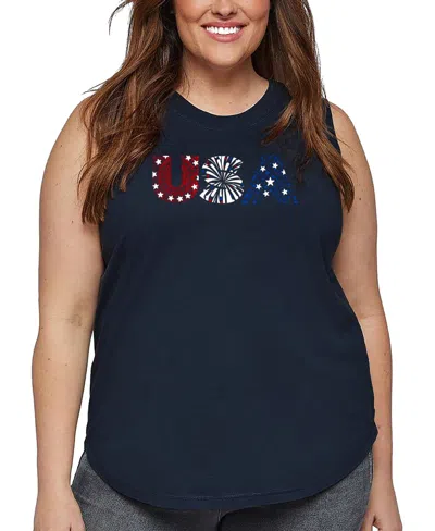La Pop Art Plus Size Usa Fireworks Word Art Tank Top In Blue