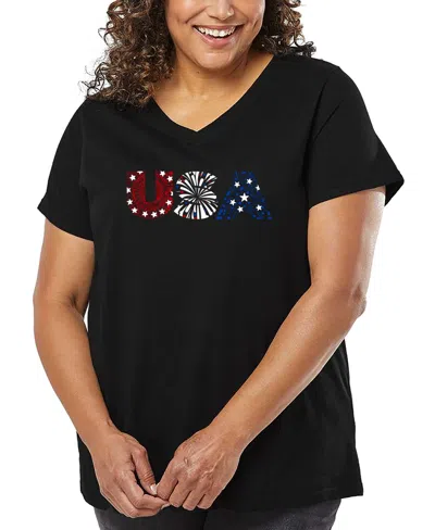 La Pop Art Plus Size Usa Fireworks Word Art V-neck T-shirt In Black