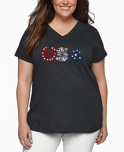 La Pop Art Plus Size Usa Fireworks Word Art V-neck T-shirt In Gray