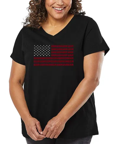 LA POP ART PLUS SIZE USA FLAG WORD ART V-NECK T-SHIRT