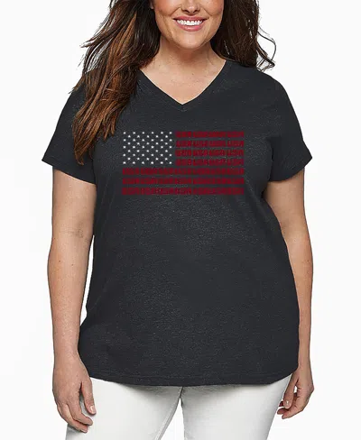La Pop Art Plus Size Usa Flag Word Art V-neck T-shirt In Gray