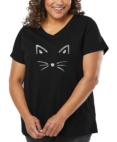 La Pop Art Plus Size Whiskers Word Art V-neck T-shirt In Black