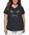 La Pop Art Plus Size Whiskers Word Art V-neck T-shirt In Gray