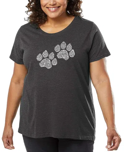 La Pop Art Plus Size Woof Paw Prints Word Art T-shirt In Gray