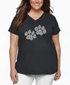La Pop Art Plus Size Woof Paw Prints Word Art V-neck T-shirt In Black