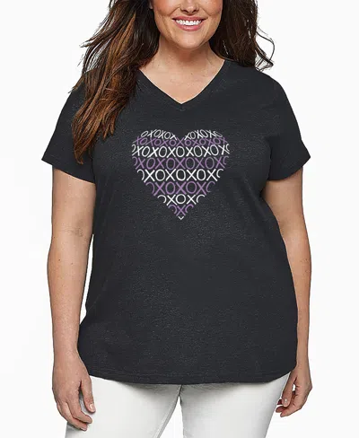 La Pop Art Plus Size Xoxo Heart Word Art V-neck T-shirt In Gray
