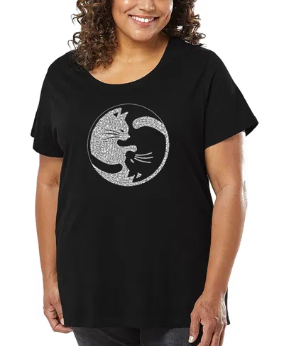 La Pop Art Plus Size Yin Yang Cat Word Art T-shirt In Black