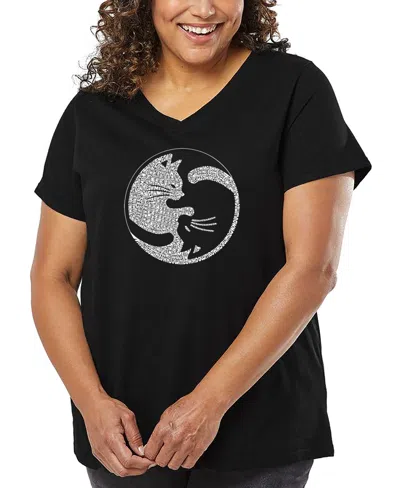 LA POP ART PLUS SIZE YIN YANG CAT WORD ART V-NECK T-SHIRT