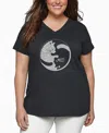 La Pop Art Plus Size Yin Yang Cat Word Art V-neck T-shirt In Black