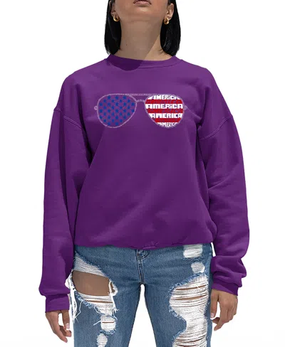 La Pop Art Women's Americana Sunglasses Word Art Crewneck Sweatshirt In Purple
