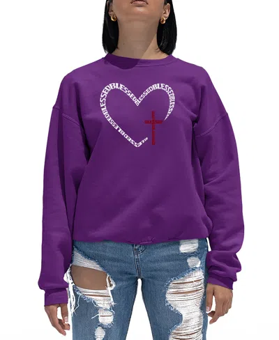 La Pop Art Women's Blessed Heart Word Art Crewneck Sweatshirt In Purple
