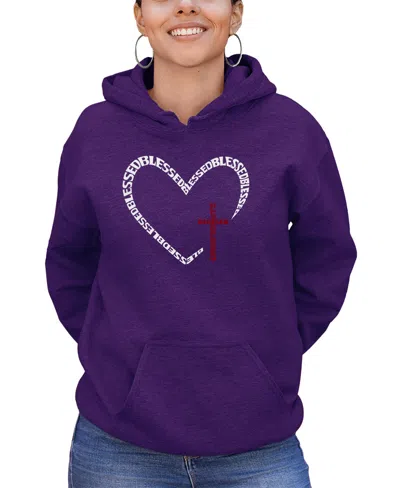 La Pop Art Women's Blessed Heart Word Art Hooded Sweatshirt In Purple
