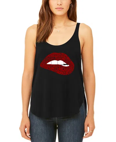 La Pop Art Women's Brooklyn Lips Premium Word Art Flowy Tank Top In Black