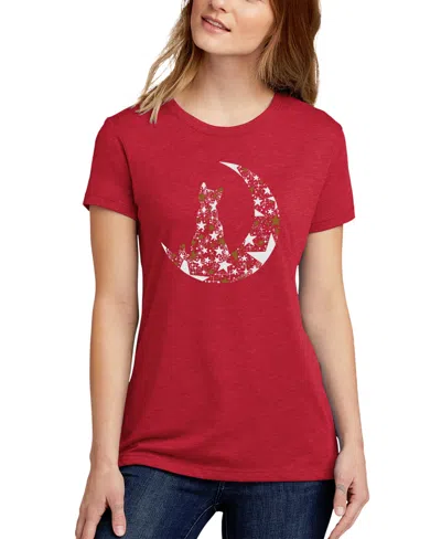 La Pop Art Women's Cat Sitting On Moon Short Sleeve T-shirt In Red