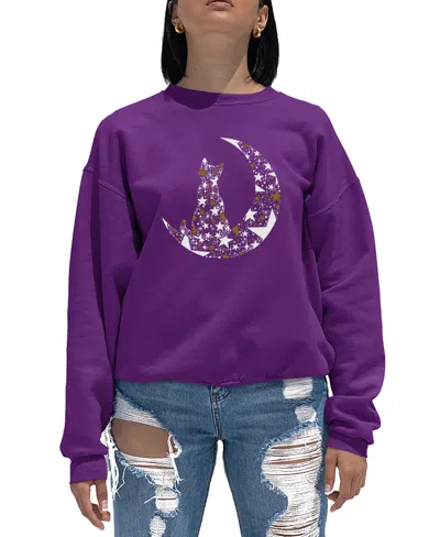 La Pop Art Women's Cat Sitting On Moon Word Art Crewneck Sweatshirt In Purple