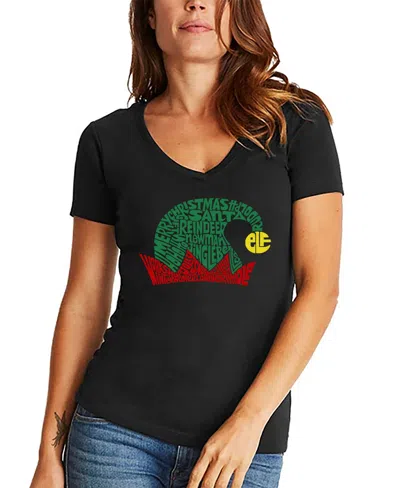 La Pop Art Women's Christmas Elf Hat Word Art V-neck T-shirt In Black