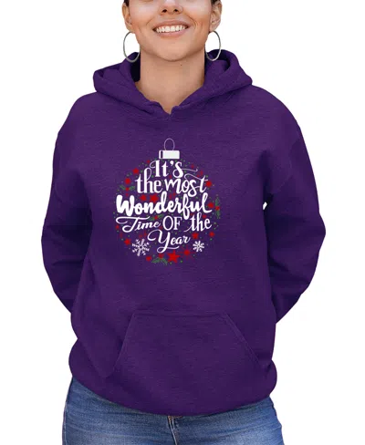 La Pop Art Women's Christmas Ornament Word Art Hooded Sweatshirt In Purple