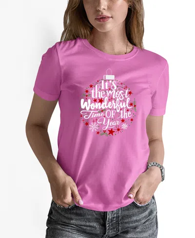 La Pop Art Women's Christmas Ornament Word Art Pullover Top In Pink