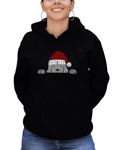La Pop Art Women's Christmas Peeking Dog Word Art Hooded Sweatshirt In Black
