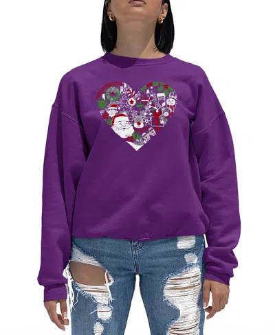 La Pop Art Women's Christmas Themed Heart Word Art Crewneck Sweatshirt In Purple