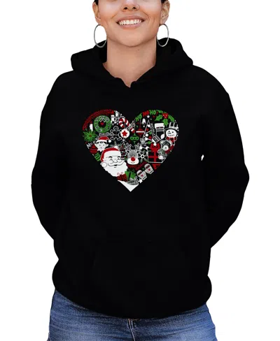 La Pop Art Women's Christmas Themed Heart Word Art Hooded Sweatshirt In Black