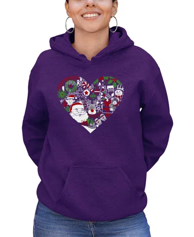 La Pop Art Women's Christmas Themed Heart Word Art Hooded Sweatshirt In Purple