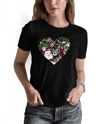 La Pop Art Women's Christmas Themed Heart Word Art Pullover Top In Black