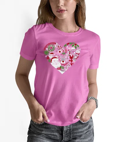 La Pop Art Women's Christmas Themed Heart Word Art Pullover Top In Pink