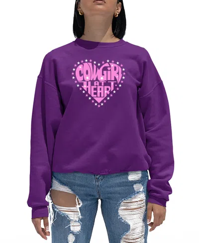 La Pop Art Women's Cowgirl At Heart Word Art Crewneck Sweatshirt In Purple