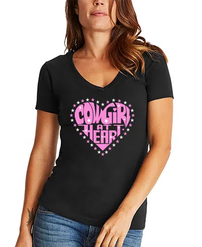 La Pop Art Women's Cowgirl At Heart Word Art V-neck T-shirt In Black