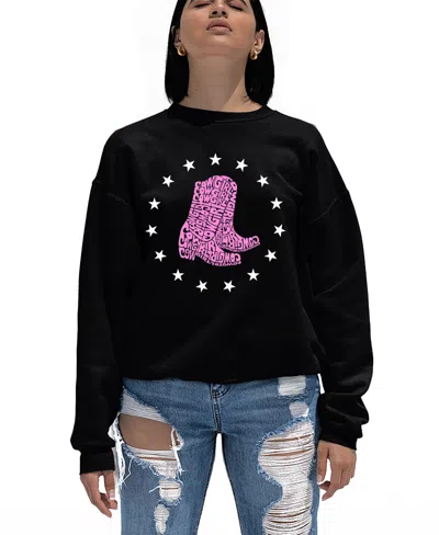 LA POP ART WOMEN'S COWGIRL BOOTS WORD ART CREWNECK SWEATSHIRT