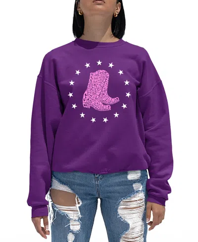 LA POP ART WOMEN'S COWGIRL BOOTS WORD ART CREWNECK SWEATSHIRT