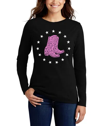 La Pop Art Women's Cowgirl Boots Word Art Long Sleeve T-shirt In Black