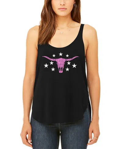 La Pop Art Women's Cowgirl Cowskull Premium Word Art Flowy Tank Top In Black
