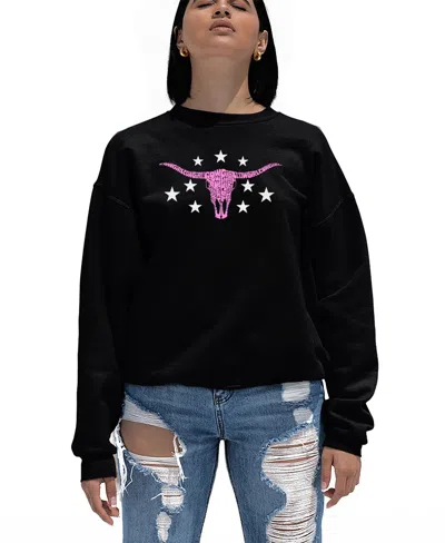 La Pop Art Women's Cowgirl Cowskull Word Art Crewneck Sweatshirt In Black
