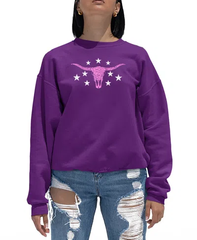 La Pop Art Women's Cowgirl Cowskull Word Art Crewneck Sweatshirt In Purple