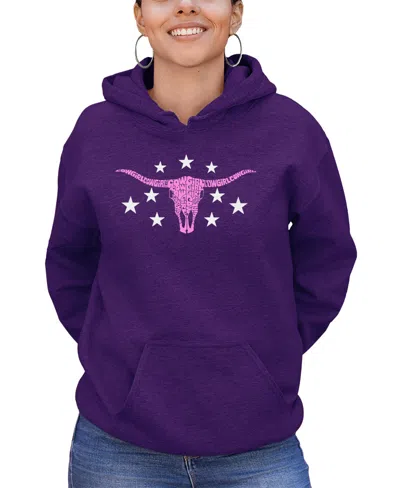 La Pop Art Women's Cowgirl Cowskull Word Art Hooded Sweatshirt In Purple