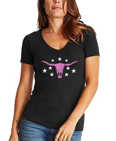 La Pop Art Women's Cowgirl Cowskull Word Art V-neck T-shirt In Black