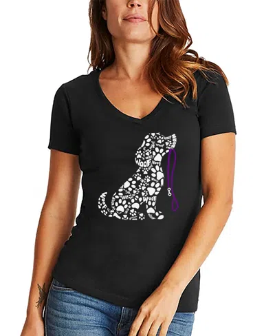 La Pop Art Women's Dog Leash Word Art V-neck T-shirt In Black