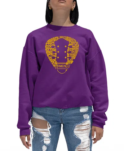 La Pop Art Women's Guitar Pick Genres Word Art Crewneck Sweatshirt In Purple