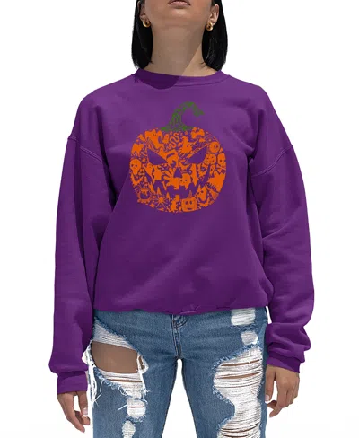 La Pop Art Women's Halloween Pumpkin Word Art Crewneck Sweatshirt In Purple