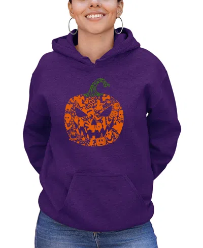 La Pop Art Women's Halloween Pumpkin Word Art Hooded Sweatshirt In Purple