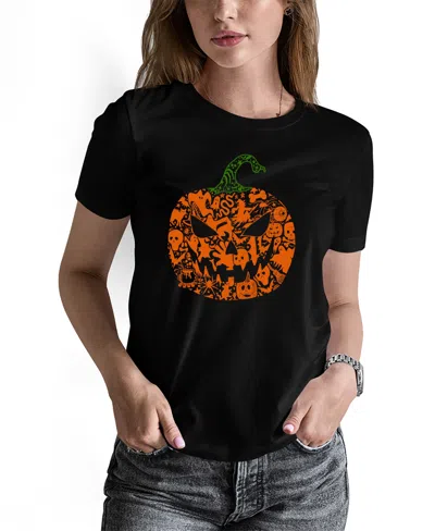 La Pop Art Women's Halloween Pumpkin Word Art Pullover Top In Black