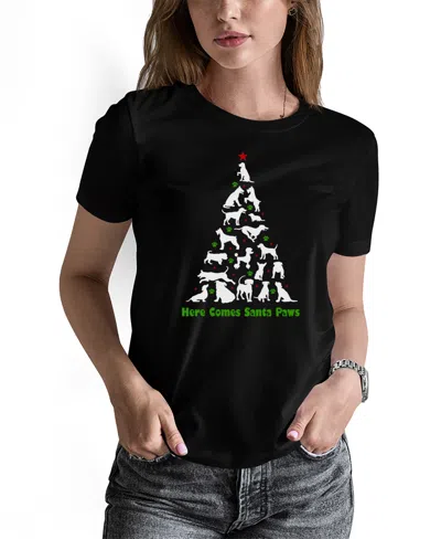 La Pop Art Women's Here Comes Santa Paws Word Art Crew Neck T-shirt In Black
